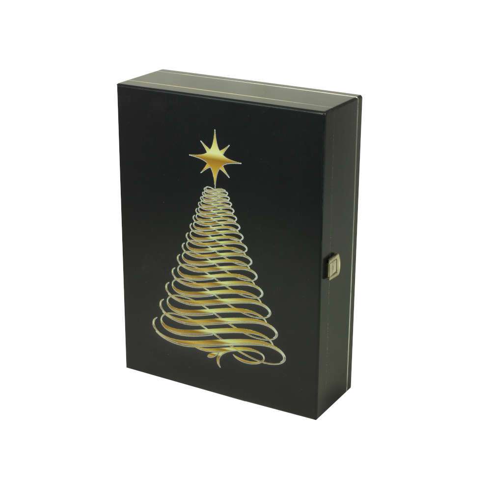 Buche/Pappel Weinkiste für 3 Falschen Wein schwarz lackiert mit Weihnachtsdruck (Baum)